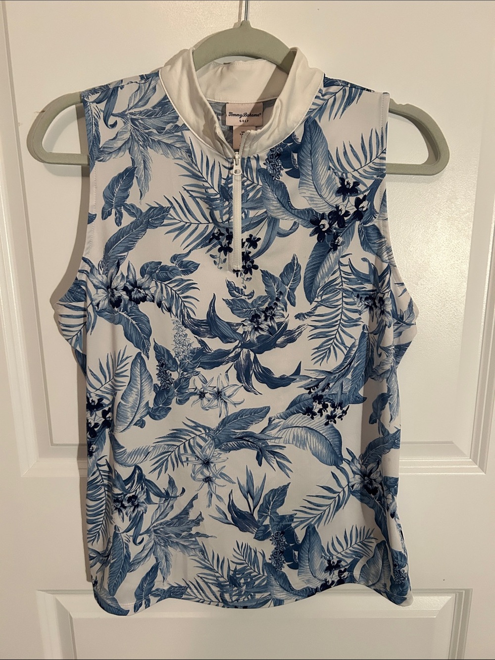 Tommy Bahama White and Blue Tropical Zip Mock Neck Golf Top